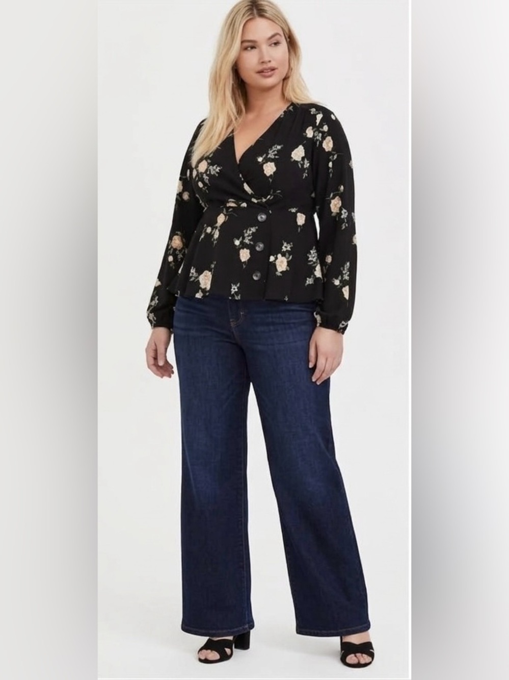 Torrid Floral Wrap Peplum Blouse Black & Crm Sz 1 (14/16) Boho Whimsy Dark Fairy